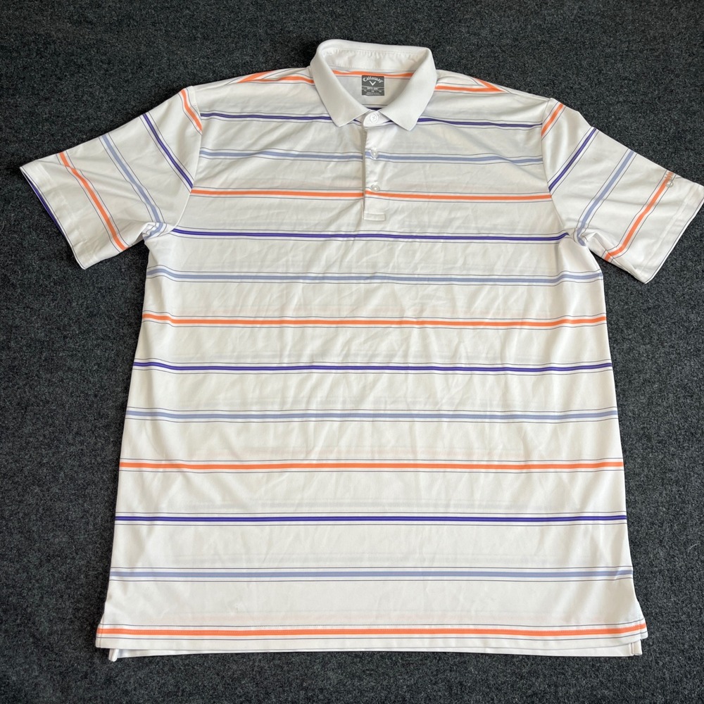 Callaway Men Opti-Dri Golf Polo Shirt XL White Orange Purple Striped Performance